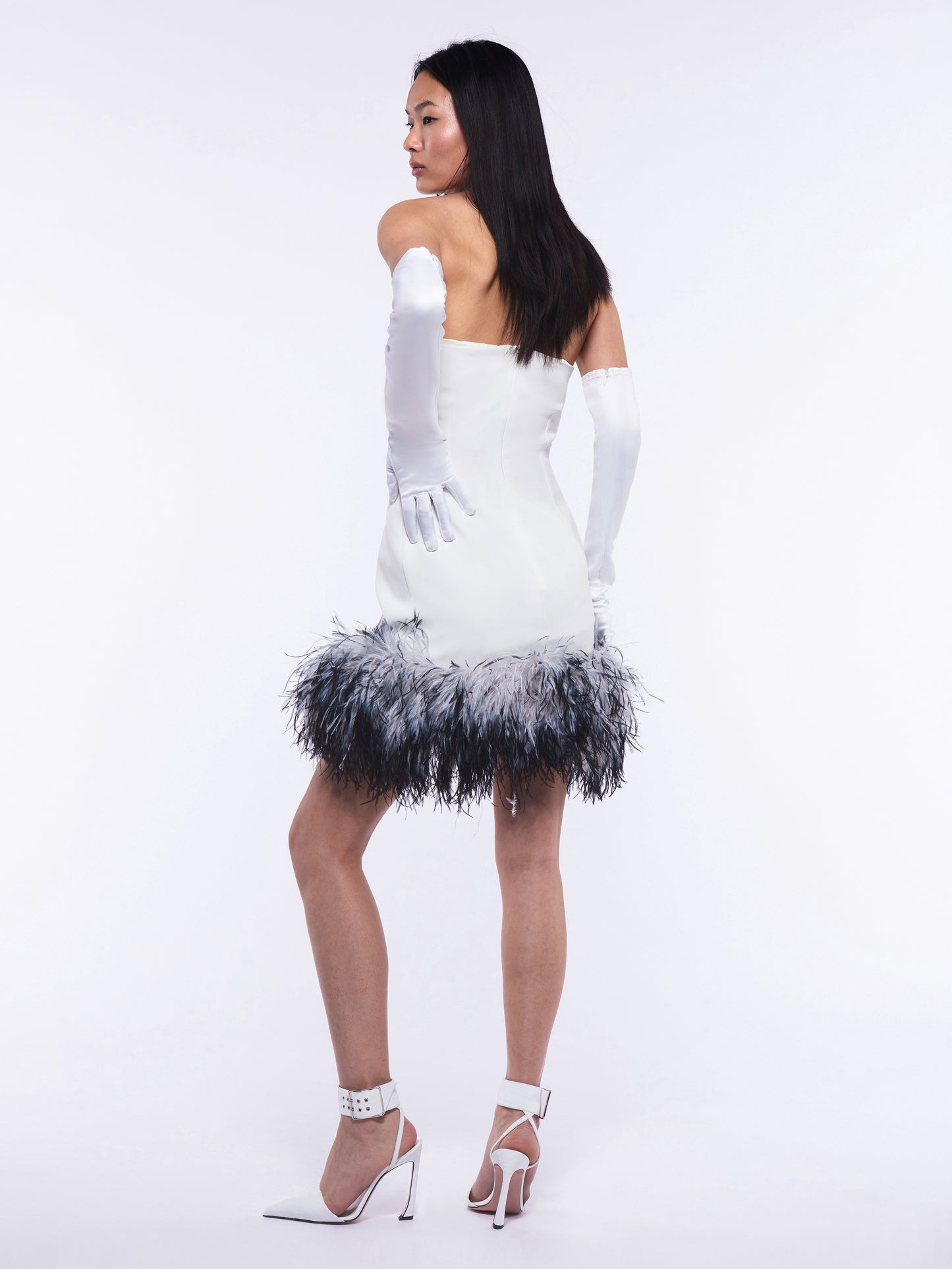 Cupid Dress & Gloves - Ivory / Ivory & Black Tip Feathers